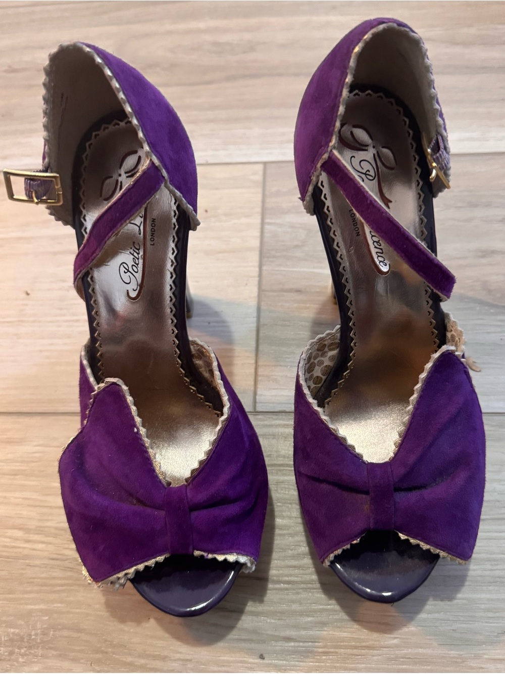 Poetic License Purple Suede Peep-Toe Heels with Bow and Ankle Strap